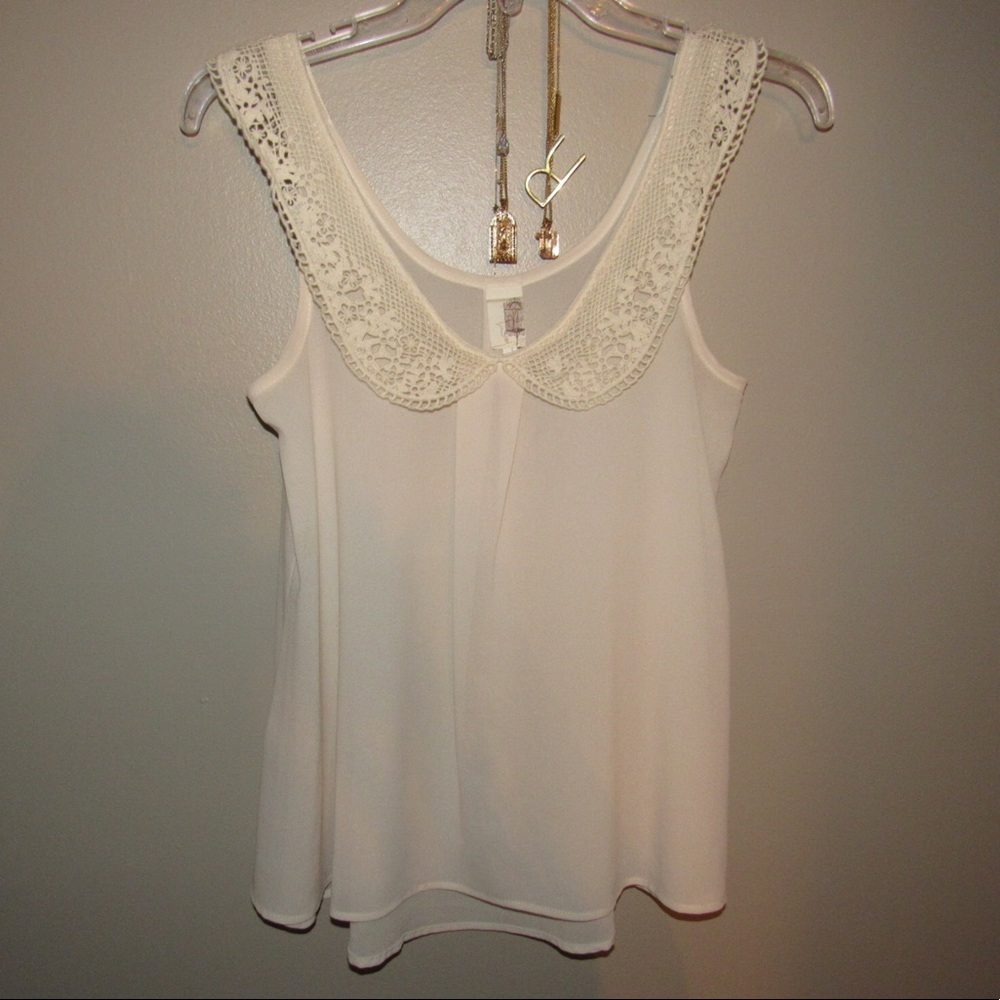 Cream colored Sheer Tank Top w/ lace Collar